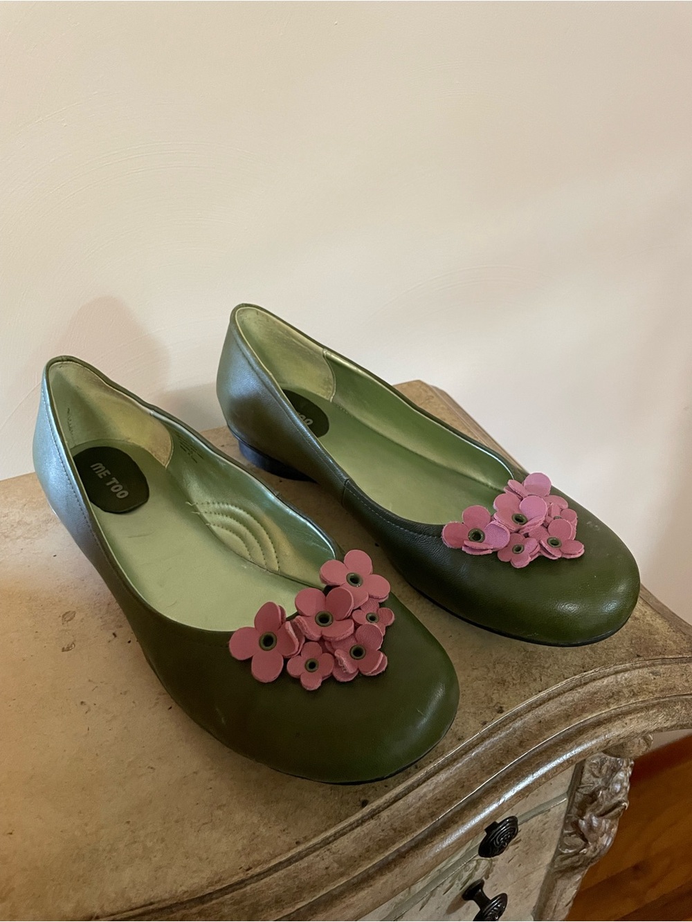 me too Olive Green Ballet Flats with Pink Floral Accents